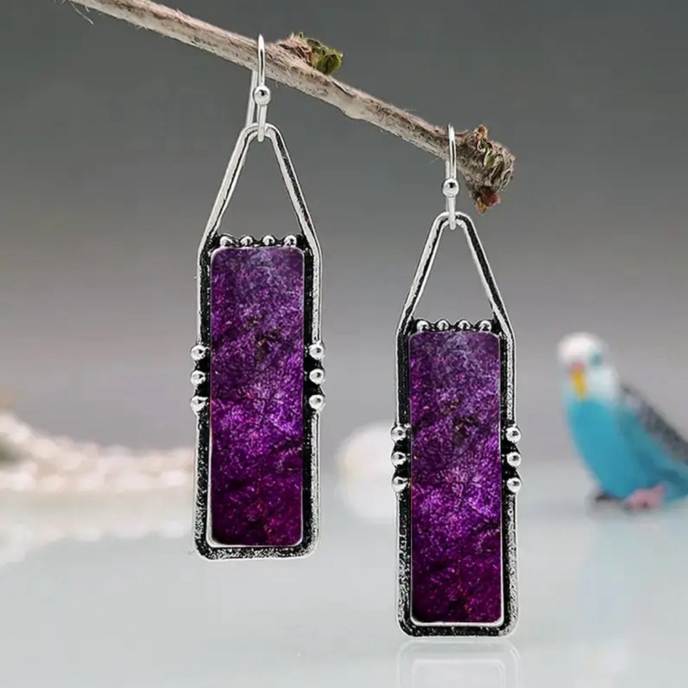 Purple Rectangular Stone Drop Earrings